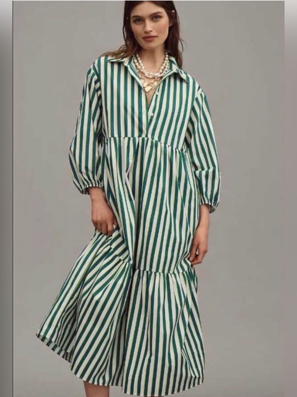 Anthropologie Maeve The Bettina Tiered Midi Shirt Dress Green Stripe Size XXS